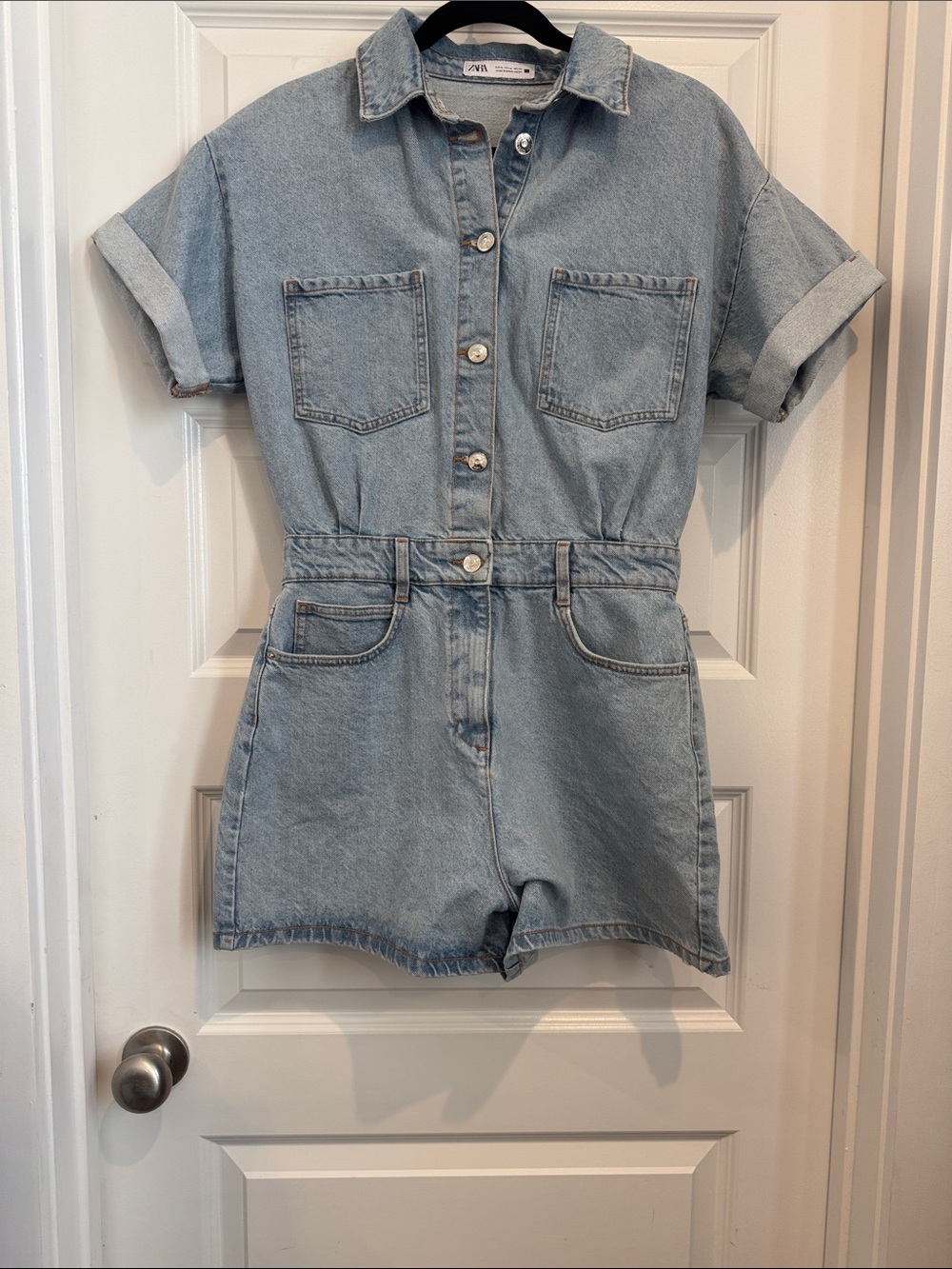 Zara Light Blue Short-Sleeve Denim Jumpsuit